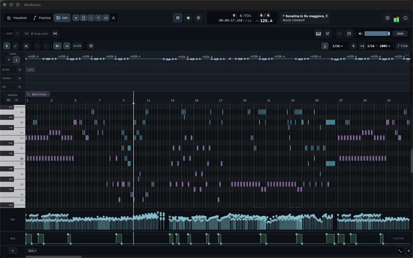 Piano roll con carriles de velocity y pedal