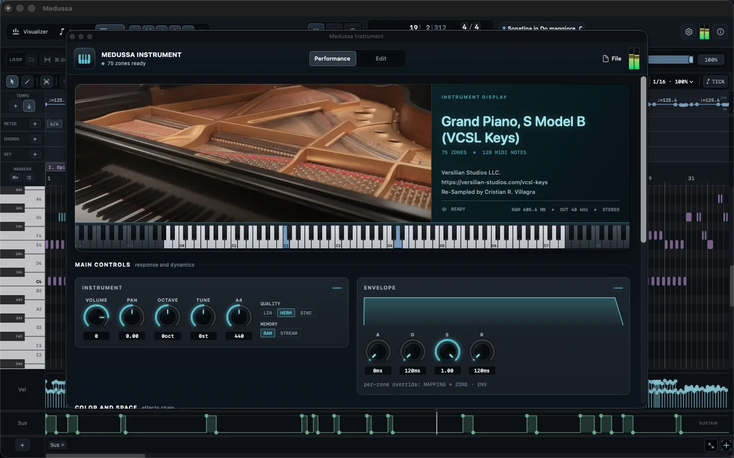 Instrumento Medussa: piano de cola con controles de volumen, afinación y envolvente